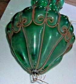 Antique GREEN Art Nouveau HAND BLOWN Ceiling Light Fixture L-1800s-E-1900s 22