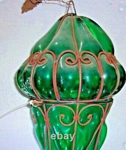 Antique GREEN Art Nouveau HAND BLOWN Ceiling Light Fixture L-1800s-E-1900s 22