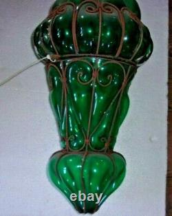 Antique GREEN Art Nouveau HAND BLOWN Ceiling Light Fixture L-1800s-E-1900s 22