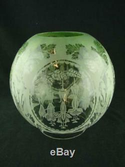 Antique Glass Fully Etched Green Oil Lamp Globe Shade Art Nouveau Fuchia Design