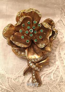 Antique Gold Gilt Floral Rose Fur Clip Brooch Green Stone Pin Art Nouveau
