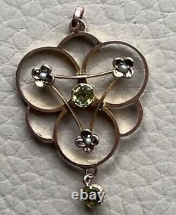 Antique Gold Pendant Edwardian Art Nouveau 9 Carat 9ct Peridot Seed Pearl 1900s