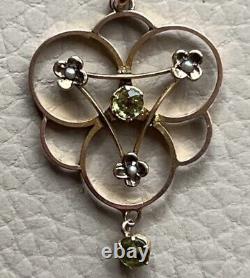 Antique Gold Pendant Edwardian Art Nouveau 9 Carat 9ct Peridot Seed Pearl 1900s