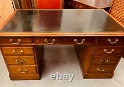 Antique Golden Mahogany Twin Pedestal Desk With Dark Green Leather Top Vintage