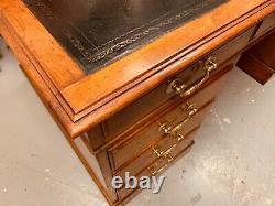 Antique Golden Mahogany Twin Pedestal Desk With Dark Green Leather Top Vintage