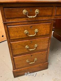 Antique Golden Mahogany Twin Pedestal Desk With Dark Green Leather Top Vintage