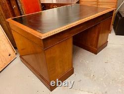 Antique Golden Mahogany Twin Pedestal Desk With Dark Green Leather Top Vintage