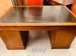 Antique Golden Mahogany Twin Pedestal Desk With Dark Green Leather Top Vintage