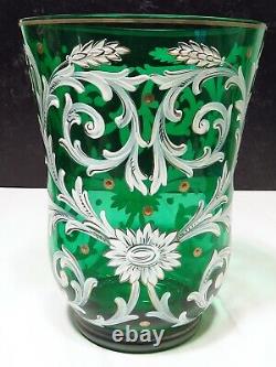 Antique Green Bohemian Art Nouveau Glass Vase White Gold Enamel Painted 7.5