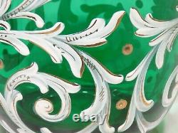 Antique Green Bohemian Art Nouveau Glass Vase White Gold Enamel Painted 7.5