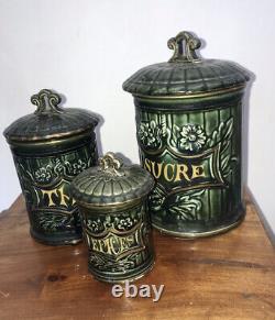 Antique Green French Art Nouveau CANISTER SET 3 Kitchen Ceramic Gold Lidded