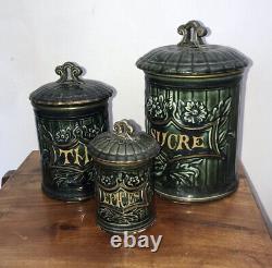 Antique Green French Art Nouveau CANISTER SET 3 Kitchen Ceramic Gold Lidded