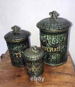 Antique Green French Art Nouveau CANISTER SET 3 Kitchen Ceramic Gold Lidded