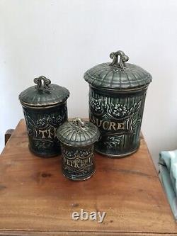 Antique Green French Art Nouveau CANISTER SET 3 Kitchen Ceramic Gold Lidded