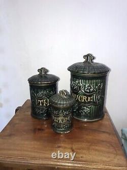 Antique Green French Art Nouveau CANISTER SET 3 Kitchen Ceramic Gold Lidded