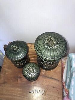 Antique Green French Art Nouveau CANISTER SET 3 Kitchen Ceramic Gold Lidded