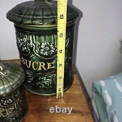 Antique Green French Art Nouveau CANISTER SET 3 Kitchen Ceramic Gold Lidded