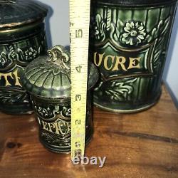 Antique Green French Art Nouveau CANISTER SET 3 Kitchen Ceramic Gold Lidded