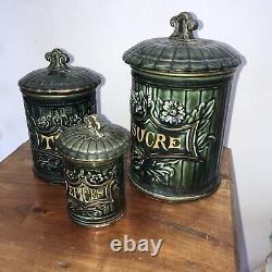 Antique Green French Art Nouveau CANISTER SET 3 Kitchen Ceramic Gold Lidded