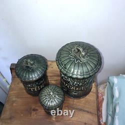 Antique Green French Art Nouveau CANISTER SET 3 Kitchen Ceramic Gold Lidded