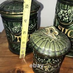 Antique Green French Art Nouveau CANISTER SET 3 Kitchen Ceramic Gold Lidded