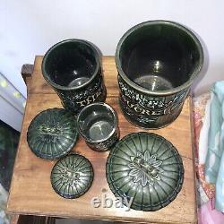 Antique Green French Art Nouveau CANISTER SET 3 Kitchen Ceramic Gold Lidded