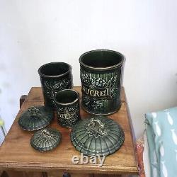 Antique Green French Art Nouveau CANISTER SET 3 Kitchen Ceramic Gold Lidded