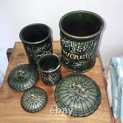 Antique Green French Art Nouveau CANISTER SET 3 Kitchen Ceramic Gold Lidded