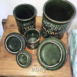 Antique Green French Art Nouveau CANISTER SET 3 Kitchen Ceramic Gold Lidded