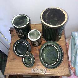 Antique Green French Art Nouveau CANISTER SET 3 Kitchen Ceramic Gold Lidded