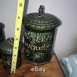 Antique Green French Art Nouveau CANISTER SET 3 Kitchen Ceramic Gold Lidded