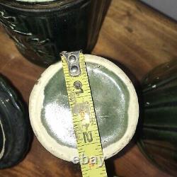 Antique Green French Art Nouveau CANISTER SET 3 Kitchen Ceramic Gold Lidded