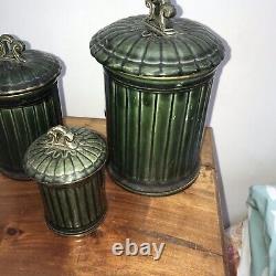 Antique Green French Art Nouveau CANISTER SET 3 Kitchen Ceramic Gold Lidded