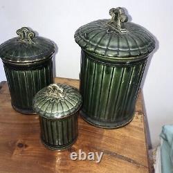 Antique Green French Art Nouveau CANISTER SET 3 Kitchen Ceramic Gold Lidded