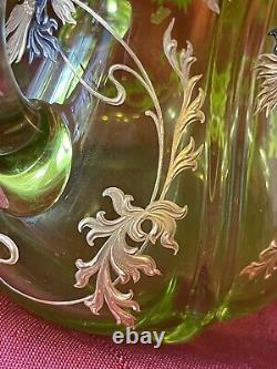 Antique Green Moser Art Glass 3-Handled Art Nouveau Hand Painted Flowers Mint