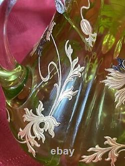 Antique Green Moser Art Glass 3-Handled Art Nouveau Hand Painted Flowers Mint