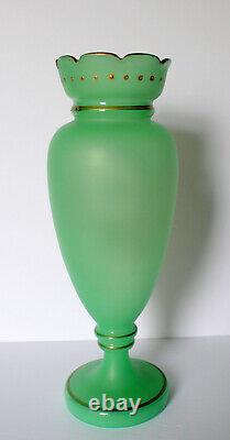 Antique Green Opaline Vaseline Glass Vase Enameled Floral & Gold Decoration