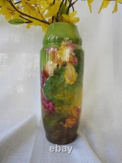 Antique Green Purple Iris Art Nouveau Style Tall Vase Royal Bonn Germany 1890