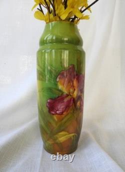 Antique Green Purple Iris Art Nouveau Style Tall Vase Royal Bonn Germany 1890