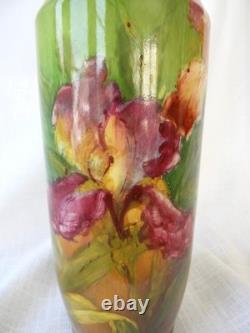 Antique Green Purple Iris Art Nouveau Style Tall Vase Royal Bonn Germany 1890