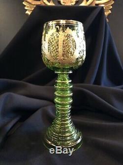 Antique Green with Gold Gilt Moser Bohemian Czech Wine Glass Goblet Stemware