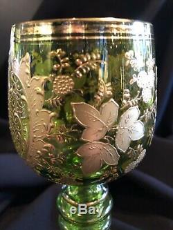 Antique Green with Gold Gilt Moser Bohemian Czech Wine Glass Goblet Stemware