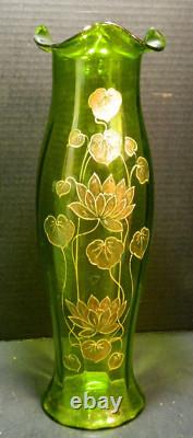 Antique Hand Blown Green Art Nouveau Enameled Lotus Optic Ribbed 15.25 Vase Exc