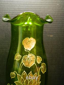 Antique Hand Blown Green Art Nouveau Enameled Lotus Optic Ribbed 15.25 Vase Exc