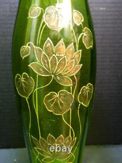 Antique Hand Blown Green Art Nouveau Enameled Lotus Optic Ribbed 15.25 Vase Exc