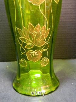 Antique Hand Blown Green Art Nouveau Enameled Lotus Optic Ribbed 15.25 Vase Exc