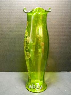Antique Hand Blown Green Art Nouveau Enameled Lotus Optic Ribbed 15.25 Vase Exc