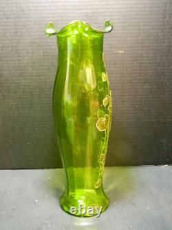 Antique Hand Blown Green Art Nouveau Enameled Lotus Optic Ribbed 15.25 Vase Exc