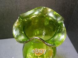 Antique Hand Blown Green Art Nouveau Enameled Lotus Optic Ribbed 15.25 Vase Exc