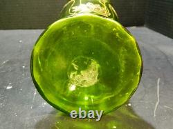 Antique Hand Blown Green Art Nouveau Enameled Lotus Optic Ribbed 15.25 Vase Exc